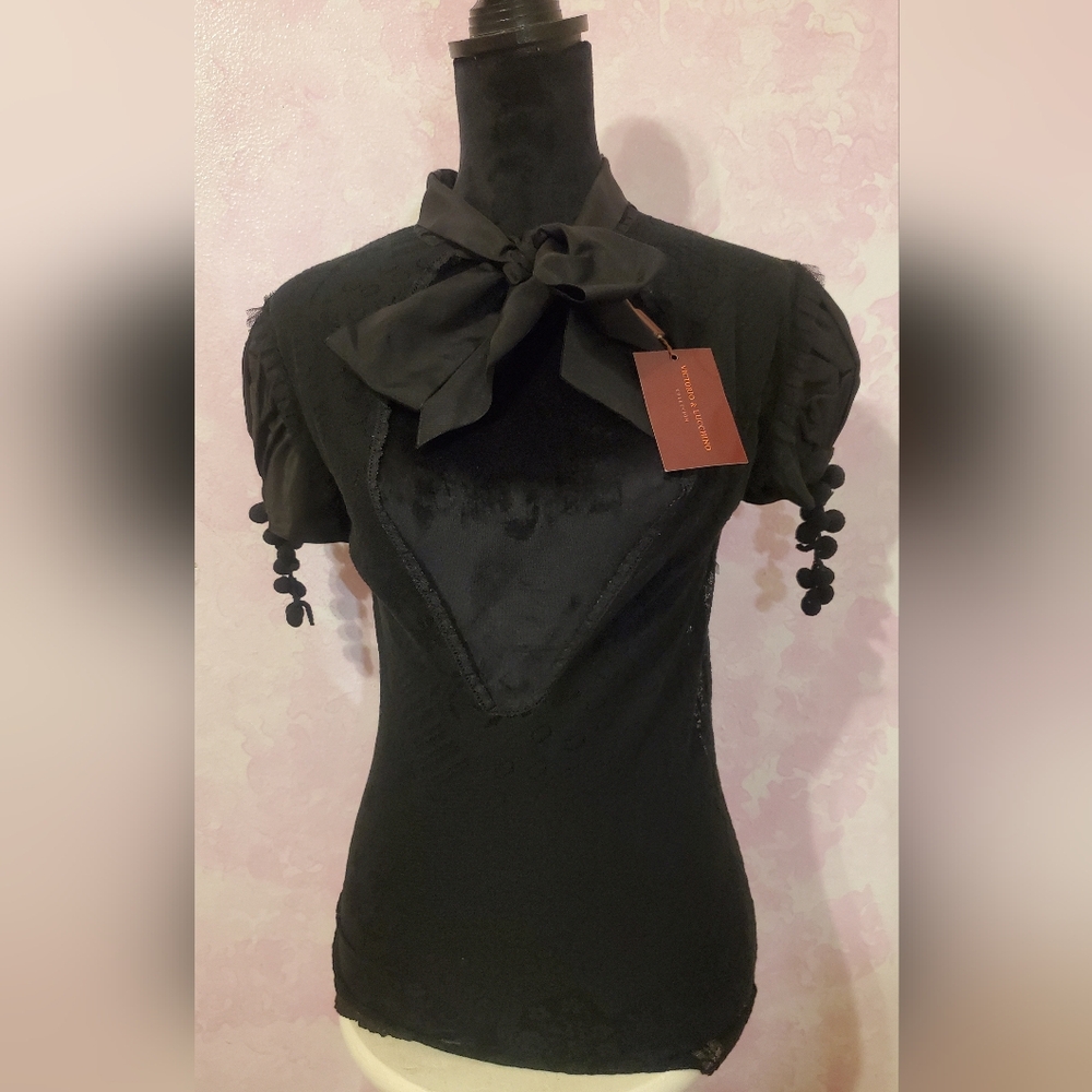 Vtg Italian Stylish Black Blouse with Bow Accent